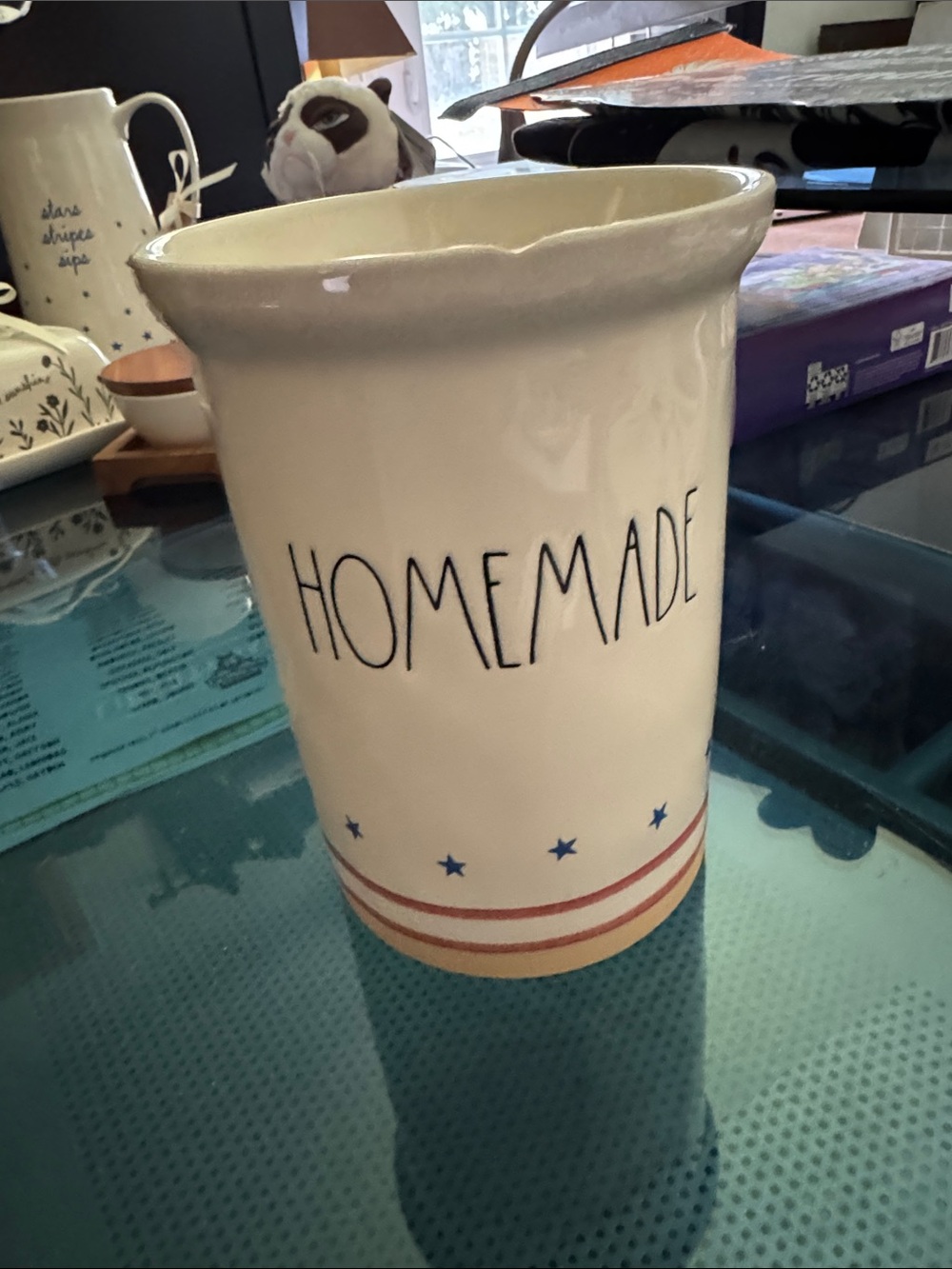 Rae Dunn Ceramic “HOMEMADE” Utensil Holder - Cream with Red and Blue Stars